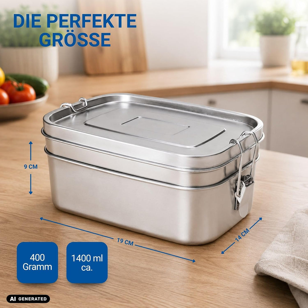 Lunchbox Edelstahl 1400 ml - Robuste Brotdose für Kinder &amp; Erwachsene inkl. Dichtungsring - BPA-frei