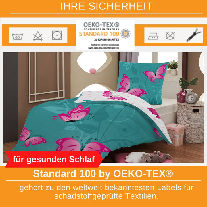 Aminata kids Bettwäsche 135x200 Schmetterling Kinder Mädchen Baumwolle Schmetterlinge türkis grün |