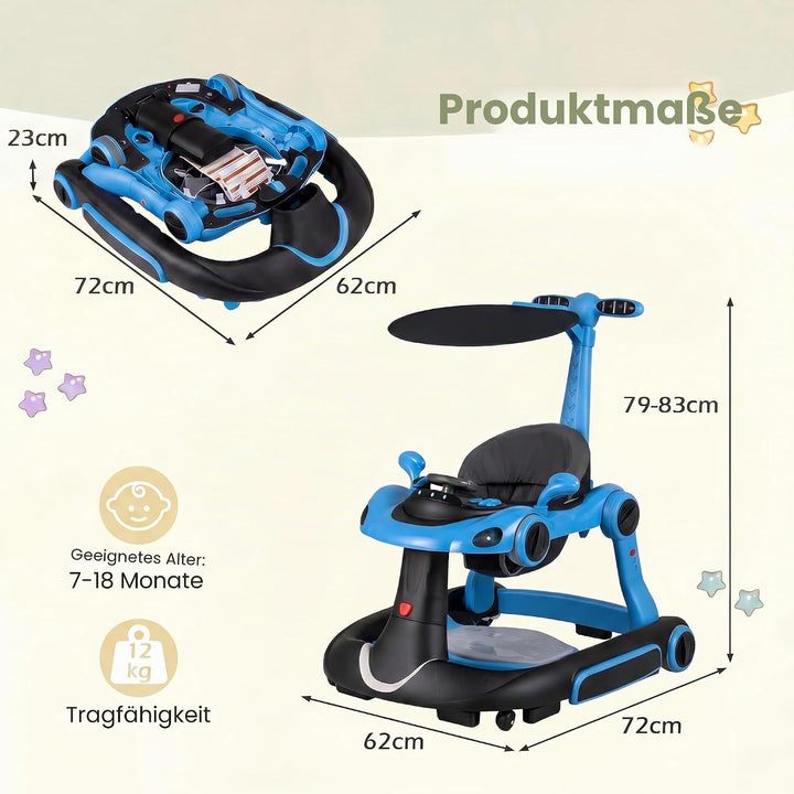 LIFEZEAL Lauflernwagen mit Sonnenschirm, 6-in-1 Lauflernhilfe Gehhilfe Baby mit Licht, Musik, Spiele