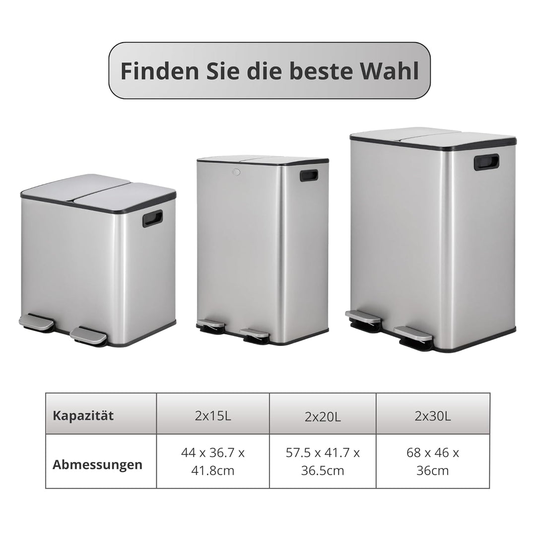 Mülleimer Küche, 2 x 15 L, Mülltrennsystem 2 Fächer, Doppel-Mülleimer aus Edelstahl, Anti-Fingerabdr