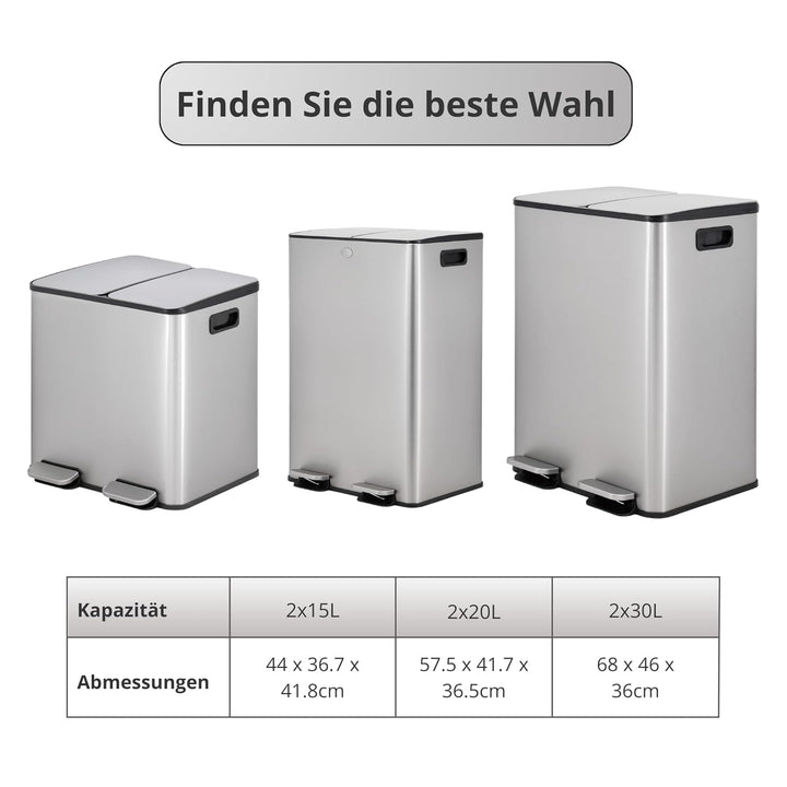 Mülleimer Küche, 2 x 15 L, Mülltrennsystem 2 Fächer, Doppel-Mülleimer aus Edelstahl, Anti-Fingerabdr