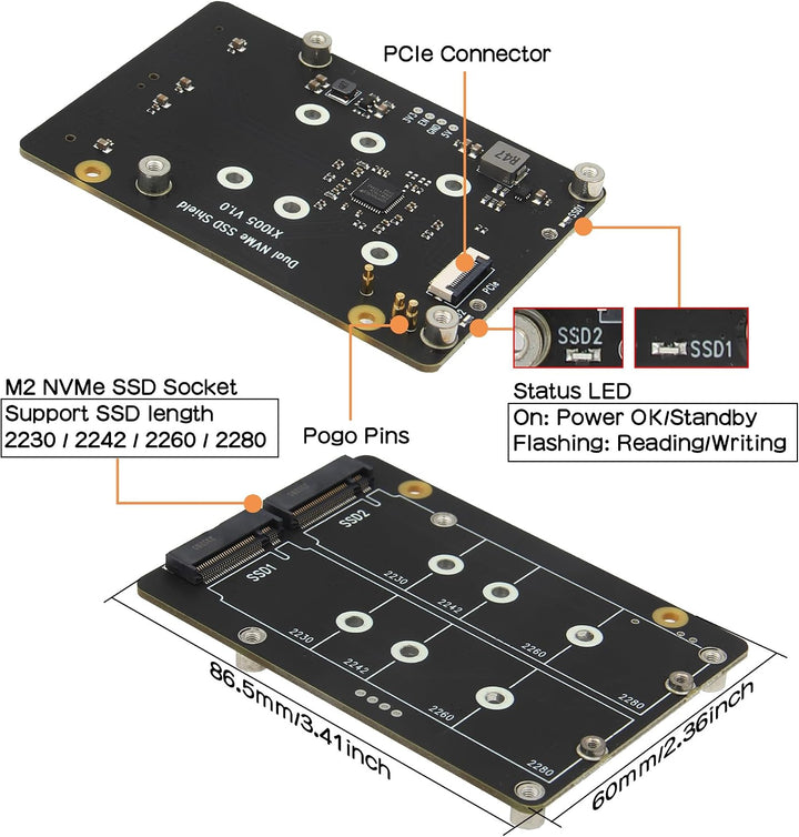 Geekworm X1005 Dual NVMe M.2 SSD Shield Bottom-Mount HAT for Raspberry Pi 5 | Support Hailo-8 AI Acc