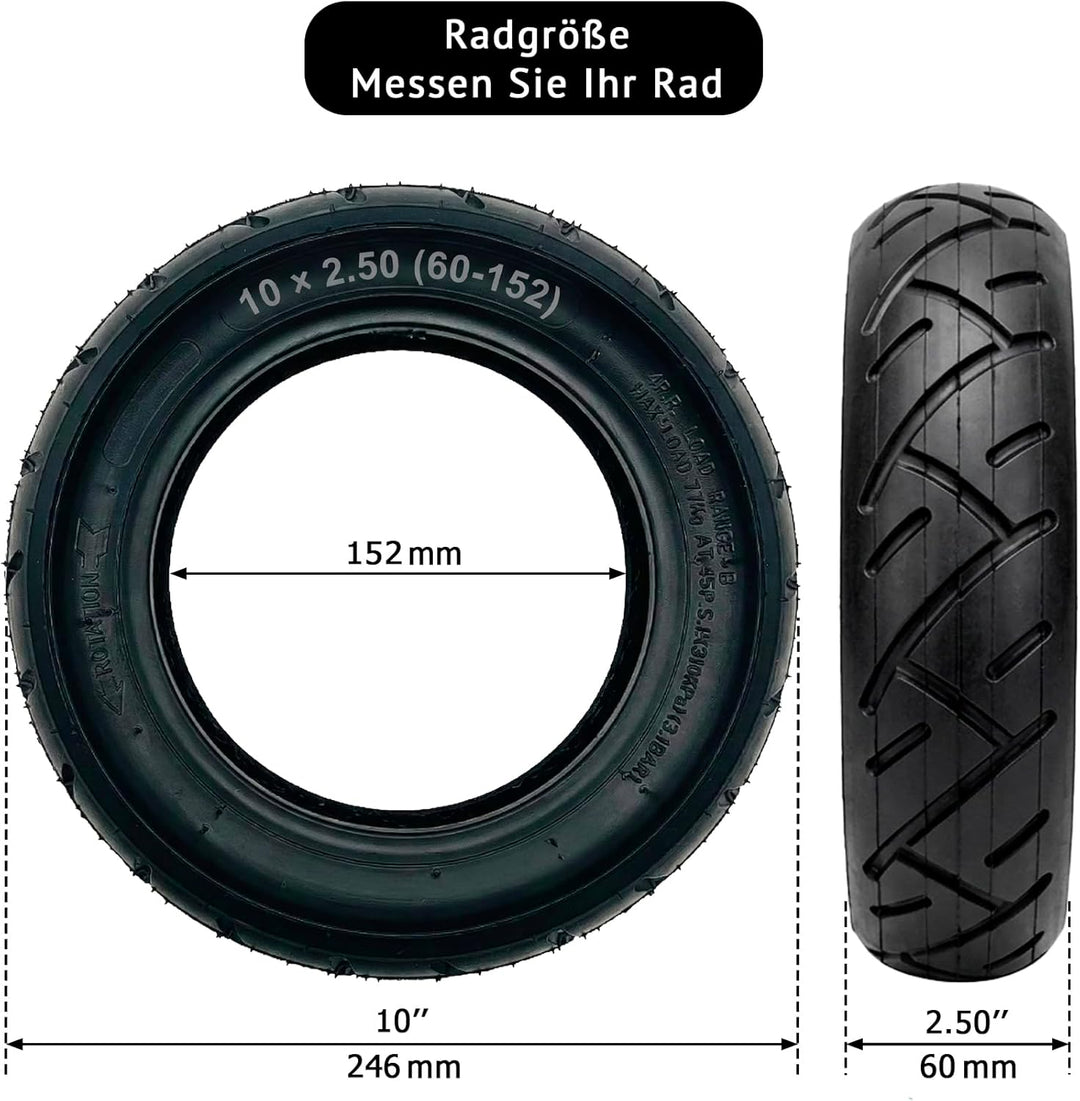 E Scooter Reifen 10x2.50 (60-152) und Schlauch Set (Profil A-3031) mit 45° AV Edelstahl-Winkelventil