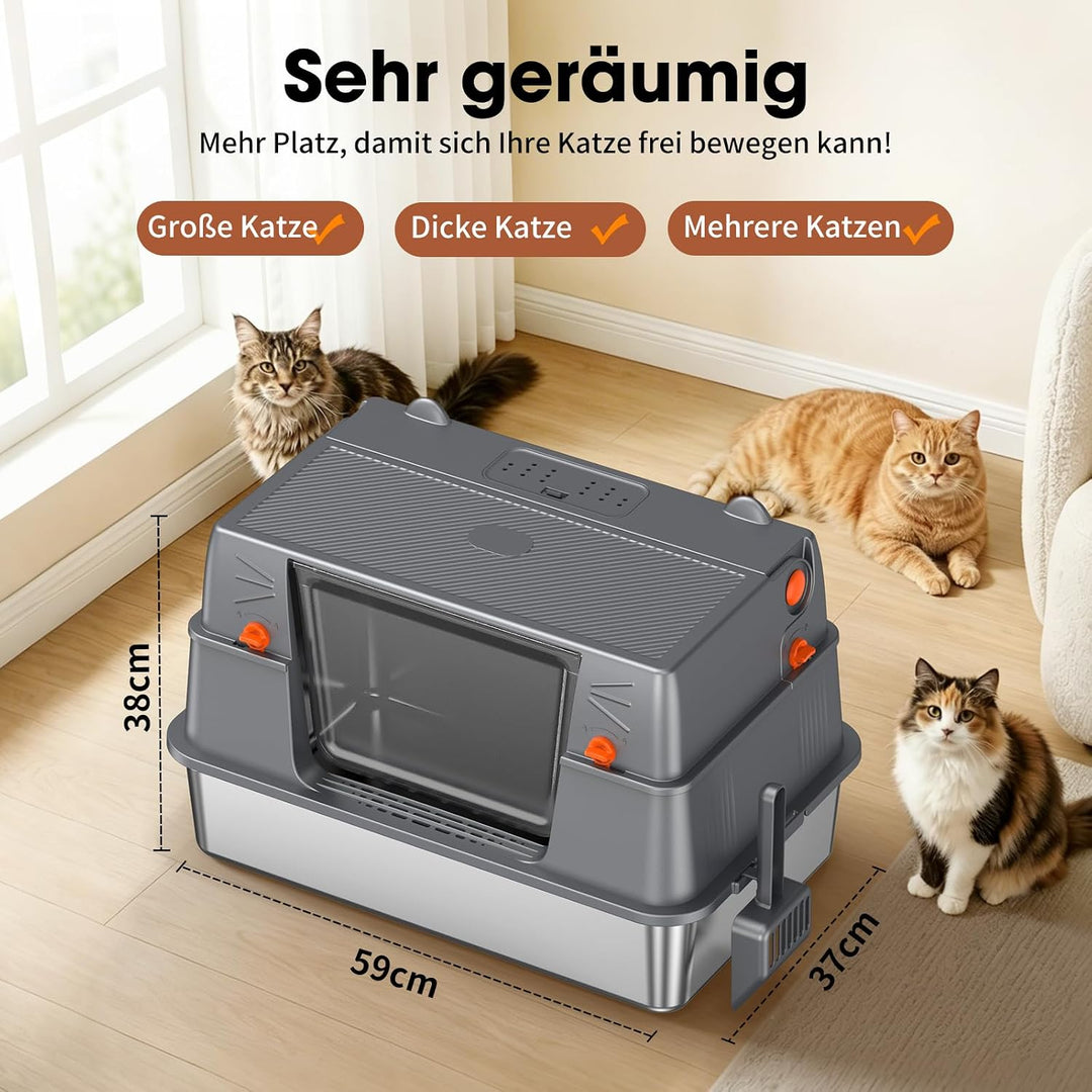 Edelstahl Katzentoilette Geschlossen 100° Klappdeckel,Dunkelgrau | Metallwanne, Vollständige Öffnung