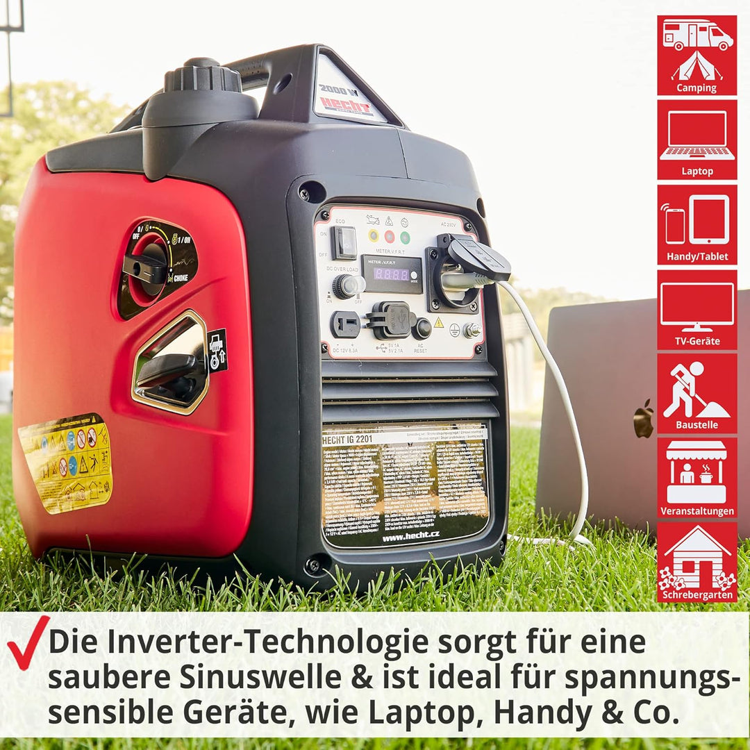 HECHT Inverter 2000 Watt Stromerzeuger Notstromaggregat – 4 Liter Benzin Tank – 6 Stunden Laufzeit –