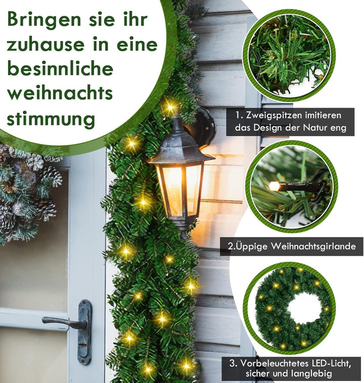 Jiubiaz 5m Tannengirlande Künstliche Weihnachtsgirlande Grün mit Beleuchtung 100 LEDs Warmweiss Lich