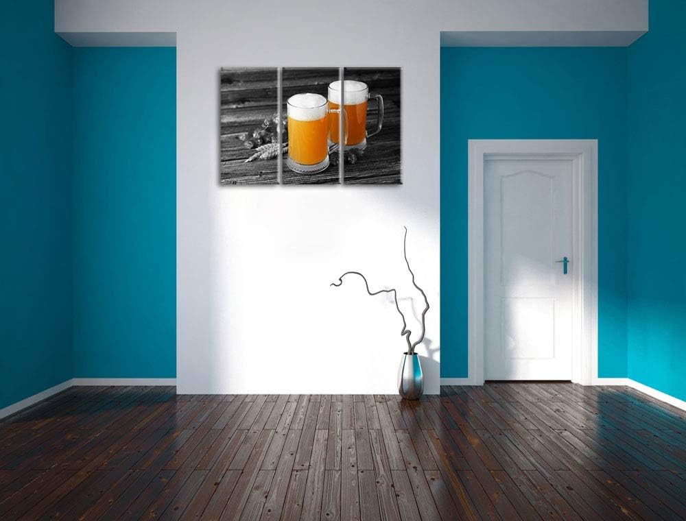Zwei Biergläser Hefeweizen mit Hopfen auf Holztisch schwarz/weiss 3-Teiler Leinwandbild 120x80 Bild