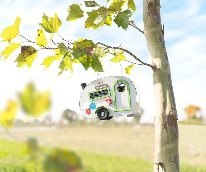 Royal Gardineer Vogelhaus Wohnwagen: Nistkasten in Wohnwagen-Optik aus Holz mit Metalldach, mit Verz
