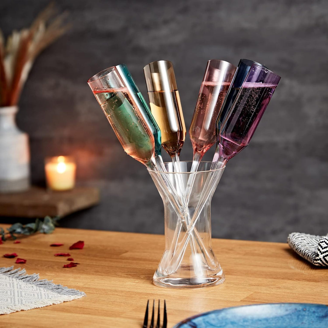 Ombre-Metallic-Glas-Champagner-Set mit Vase, Set mit 6 stilvollen, farbigen, bodenlosen Partygläsern