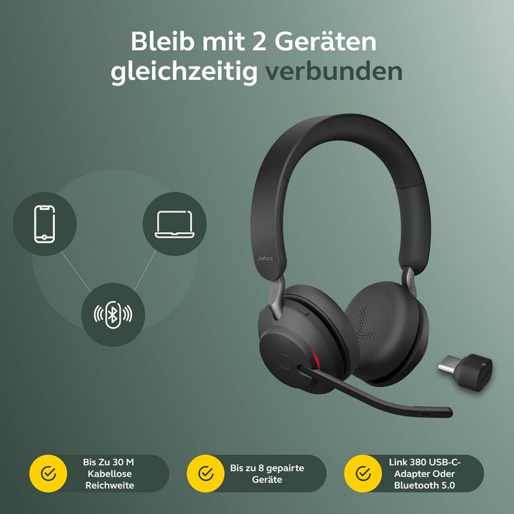 Jabra Evolve2 65 Wireless PC Headset with Charging Stand – Noise Cancelling UC Certified Stereo Head