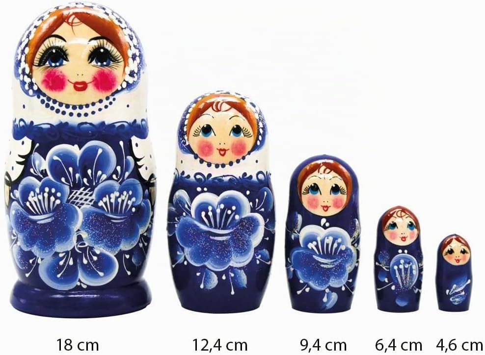 Blaue Blumen Matrjoschka Matröschka Matroschka Babuschka 18cm Höhe - 5 Holz-Puppen - Verschiedene Mo