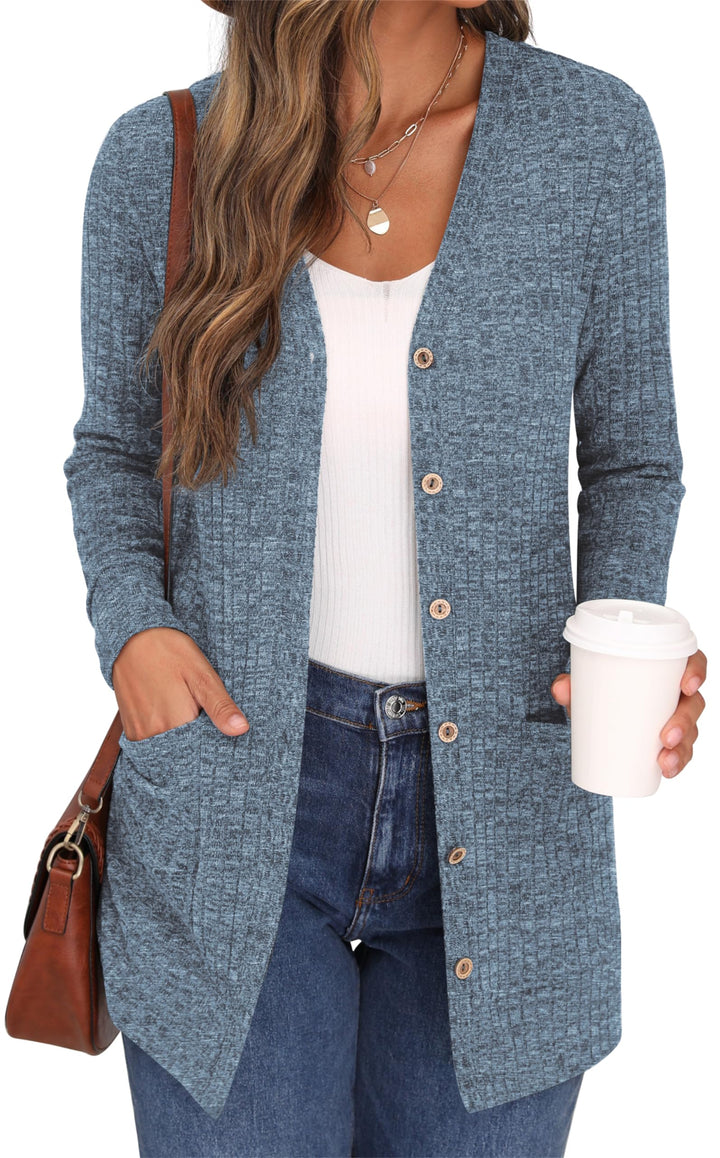 GRECERELLE Damen Leichte Strickjacke Lang mit Taschen und Knöpfen Long Elegant Cardigan V-Ausschnitt