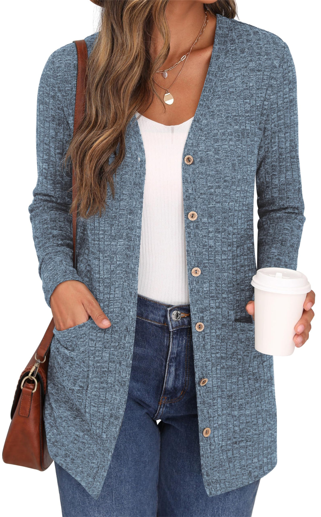 GRECERELLE Damen Lang Strickjacke Herbst Leichte mit Taschen und Knöpfen Weiche Long Elegant Gerippt