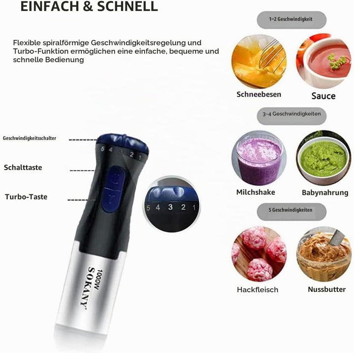 SOKANY Stabmixer Edelstahl 1000 watt, 5 Geschwindigkeit Pürierstab [4in1: Pürierstab/Zerkleinerer, M