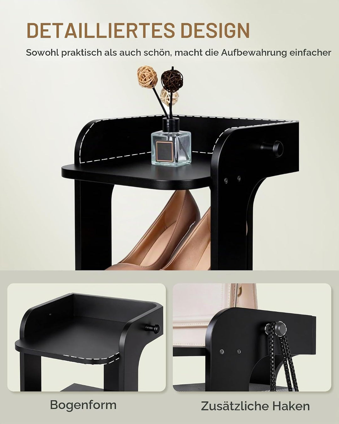 Hzuaneri Schuhregal, Schuhablage mit 10 Ebenen, Holz-Schuh-Organizer mit Haken, Verstellbar, Platzsp