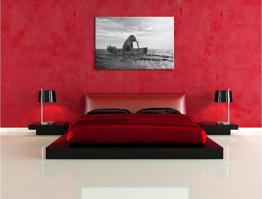 Pixxprint lustig sitzender Elefant im Boot Kunst B&W, Format: 100x70 auf Leinwand, 100x70