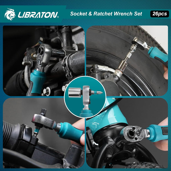 LIBRATON 26-tlg. 1/4 Zoll Ratschenkasten Mini Steckschlüsselsatz mit Bits, 4-14mm Stecknuss, Antrieb