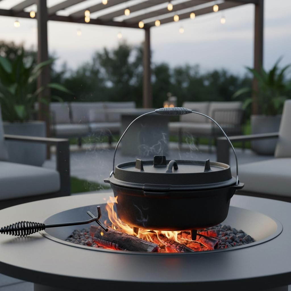 Melko BBQ Dutch Oven mit Deckel und Deckelheber aus Gusseisen, Topf zum Grillen, Braten, Garen, Back