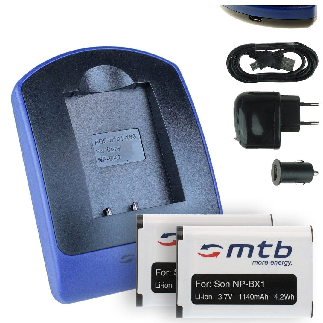 2 Akkus + Ladegerät (Netz+Kfz+USB) kompatibel mit Sony NP-BX1 / HDR-AS50, AS200V, AS300 / HX400, RX1
