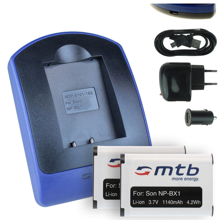 2 Akkus + Ladegerät (Netz+Kfz+USB) kompatibel mit Sony NP-BX1 / HDR-AS50, AS200V, AS300 / HX400, RX1