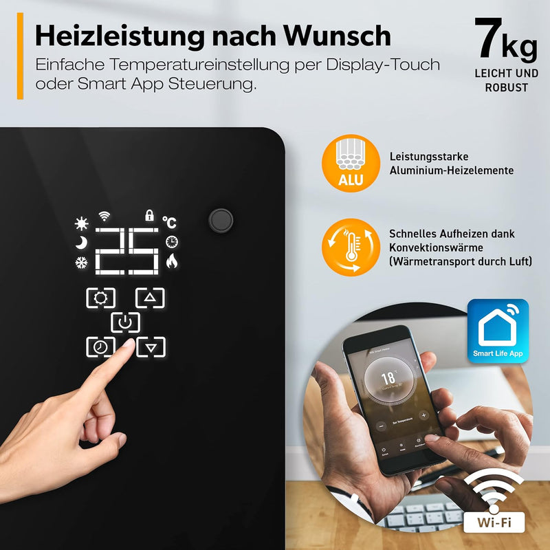 TRESKO® Glaskonvektor 1500W APP WiFi Funktion | Elektroheizung Glasheizung elektrisch | Konvektor He