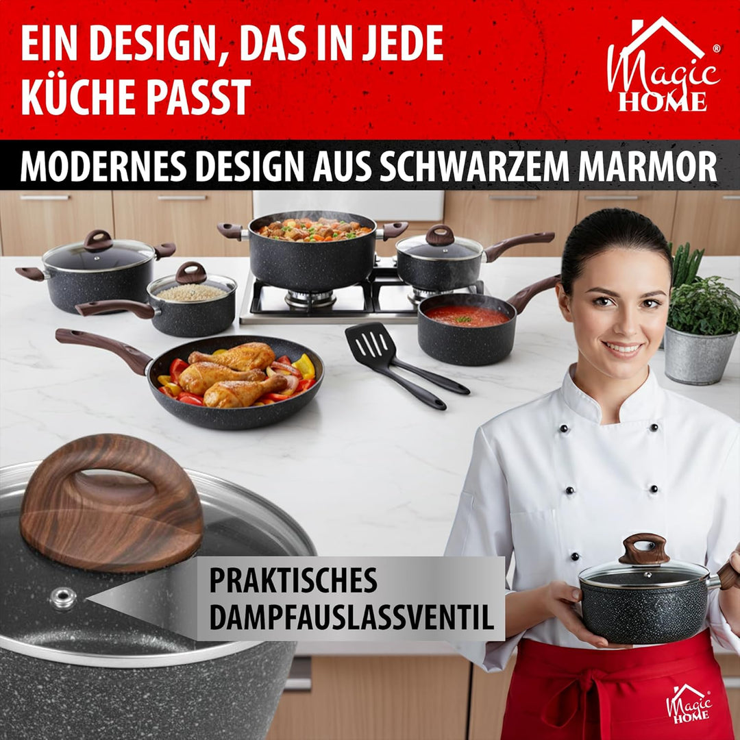 MAGIC HOME Stielkasserolle 16 cm INDUKTION | Marmor Antihaft Kasserolle mit Deckel | Kleiner Topf |