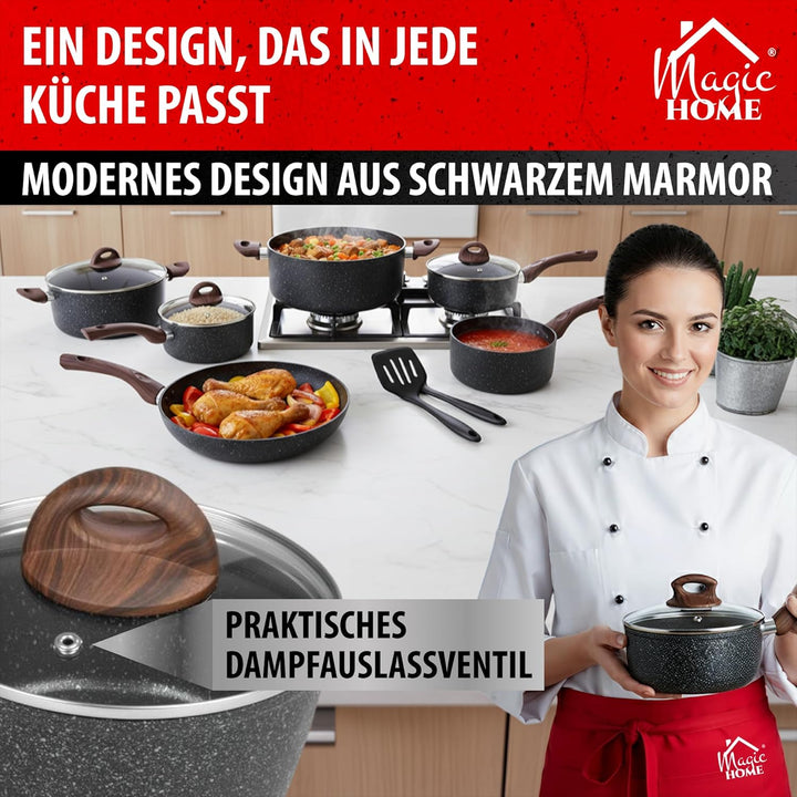 MAGIC HOME Stielkasserolle 16 cm INDUKTION | Marmor Antihaft Kasserolle mit Deckel | Kleiner Topf |