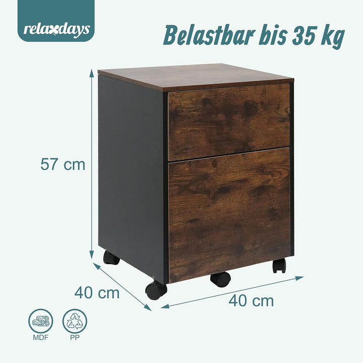 Relaxdays Rollcontainer, 2 Schubladen, Hängeregister, HBT: 57 x 40 x 40 cm, Schreibtischcontainer, R