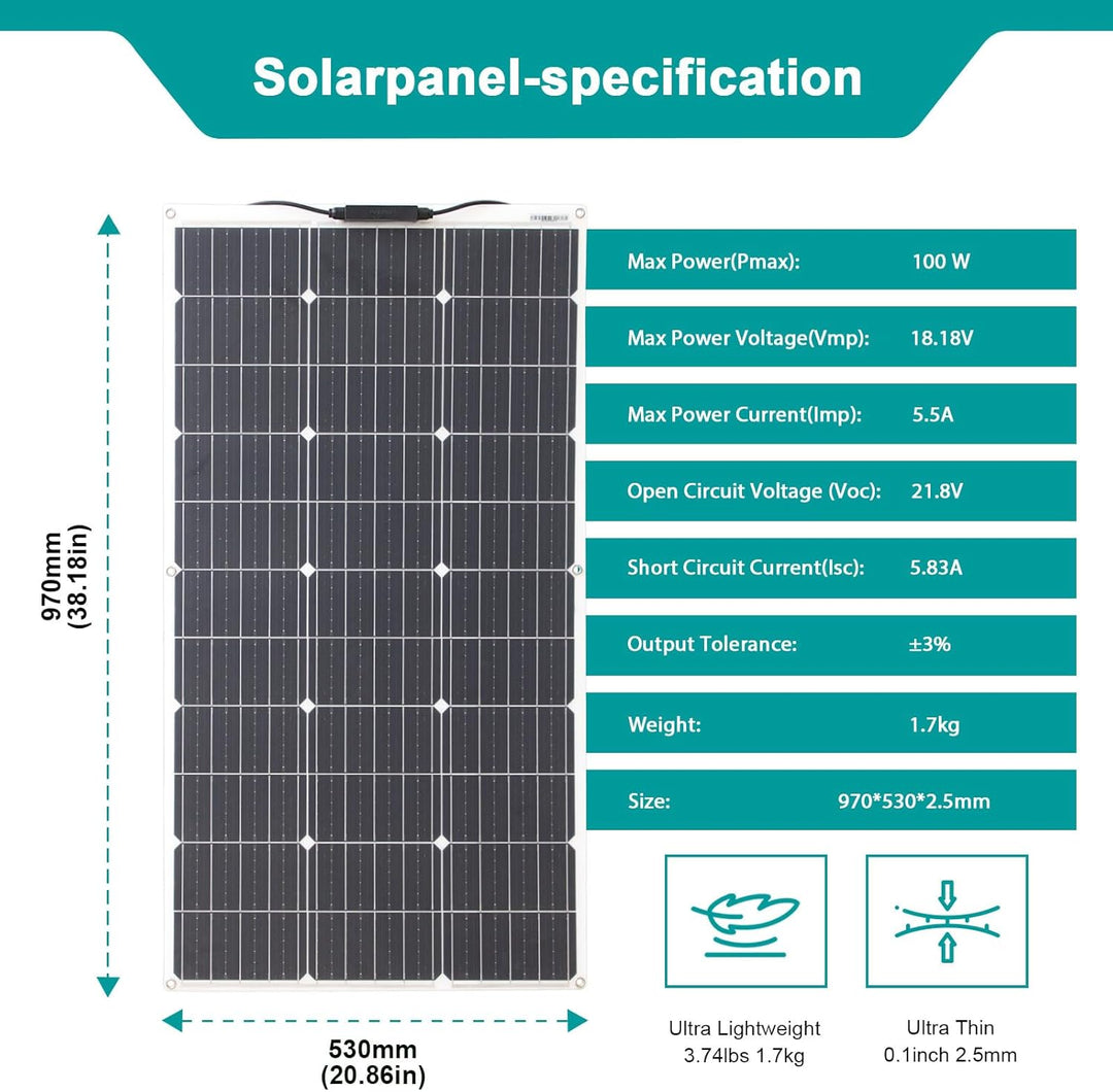 Monokristallines Solarpanel Kit System 100W Flexibles Solarmodul 10A 12V/24V Solarladeregler Marine