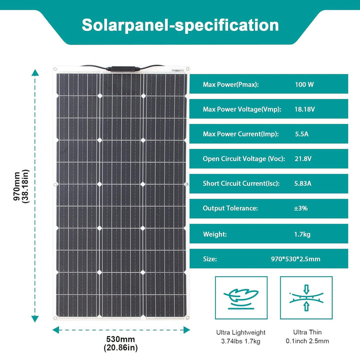 Monokristallines Solarpanel Kit System 100W Flexibles Solarmodul 10A 12V/24V Solarladeregler Marine