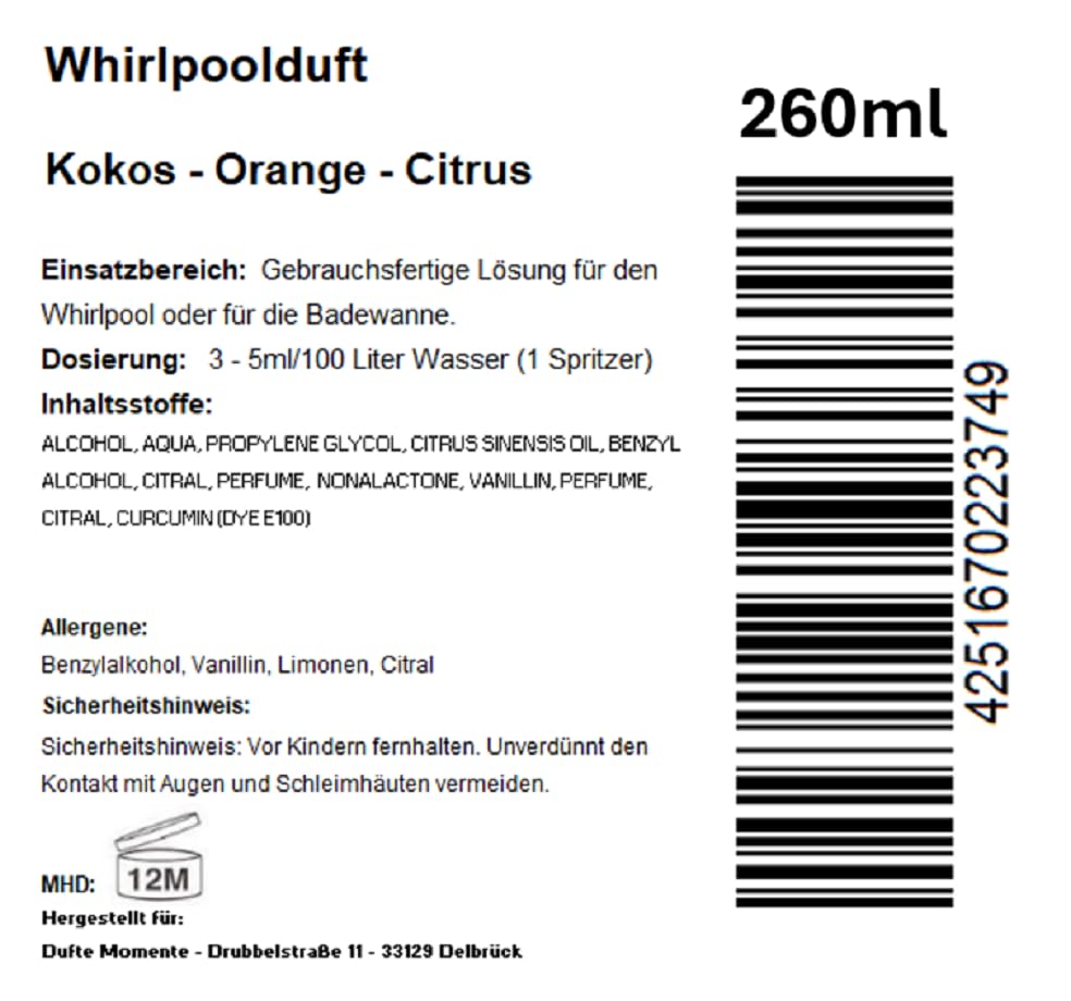 Dufte Momente | Whirlpool Duft 260ml | Kokos - Orange - Citrus | mit naturreinen und natürlichen äth