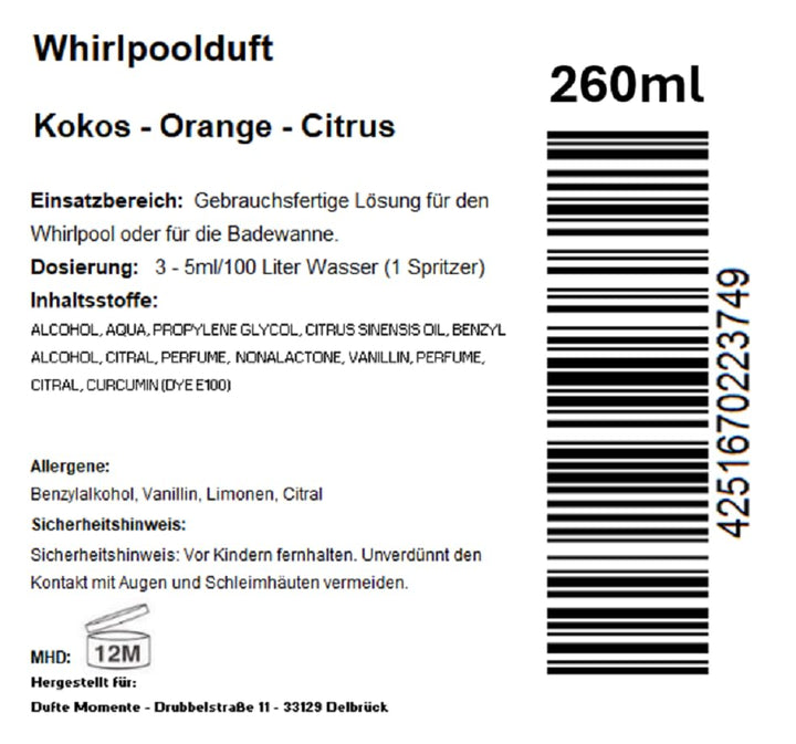 Dufte Momente | Whirlpool Duft 260ml | Kokos - Orange - Citrus | mit naturreinen und natürlichen äth