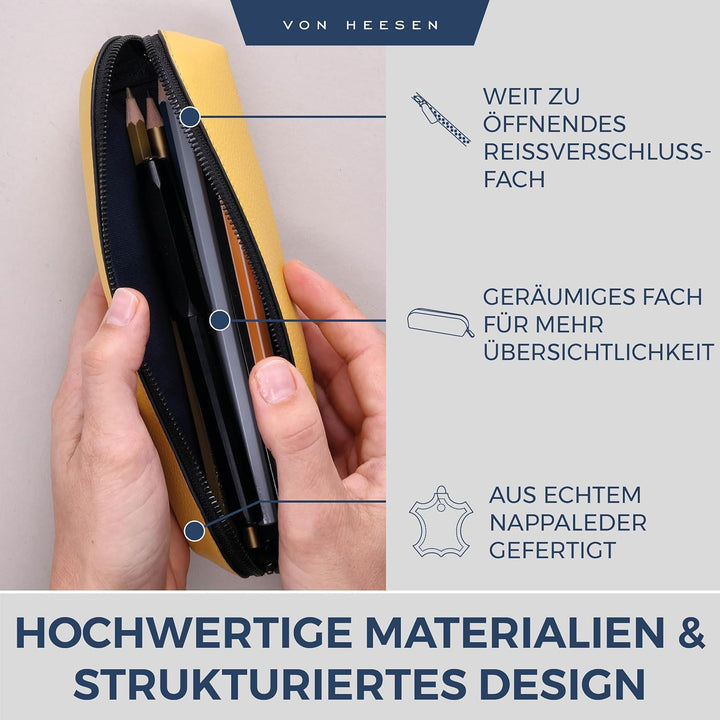 VON HEESEN® Echtleder Federmäppchen Leder Federmappe Etui für Stifte Mäppchen Schule Federtasche Uni