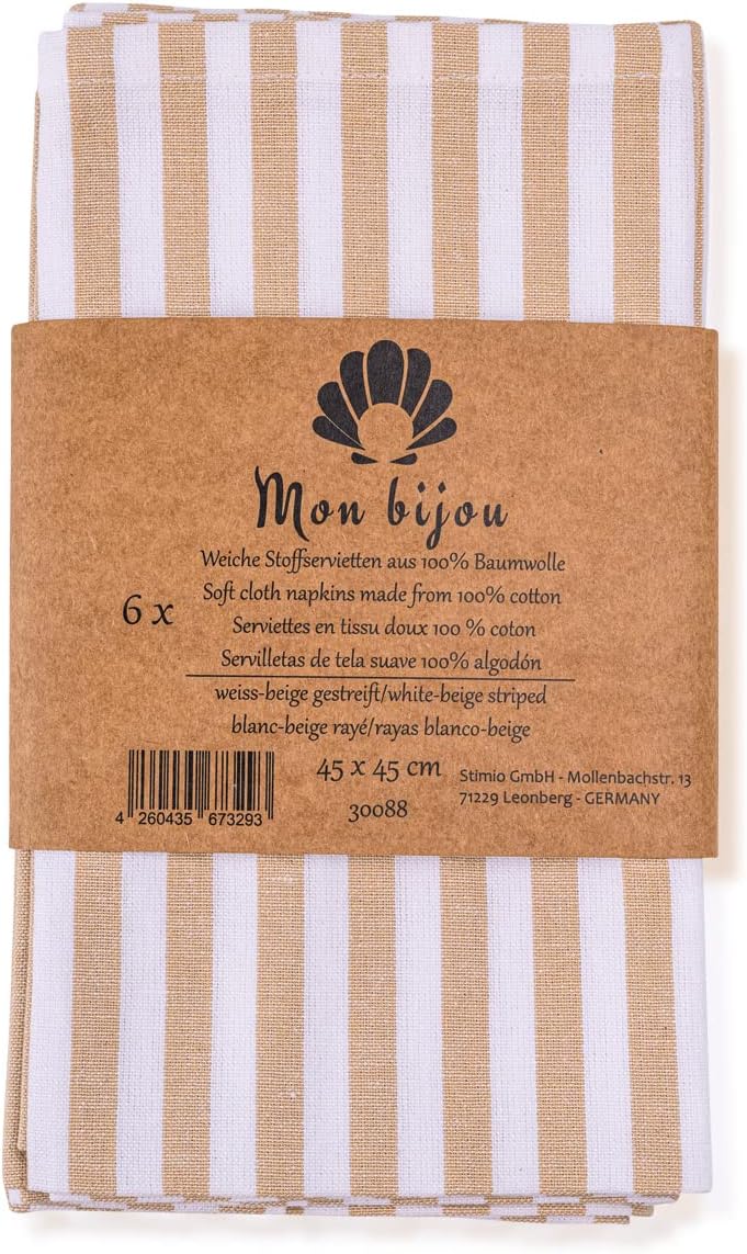 mon bijou® Stoffservietten 6er Set – Gestreift Weiss-Beige 45x45 cm – 100% Baumwolle – Waschbare Sto