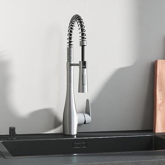 Wasserhahn Küche 2 Modi, Gebürstet Küchenarmatur mit Brause Ausziehbar Edelstahl 304 Spiralfederarma