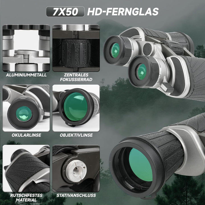 7x50 Porro Prismenfernglas, Fernglas Wasserdicht mit Mehrschichtvergütung und Dioptrienausgleich für