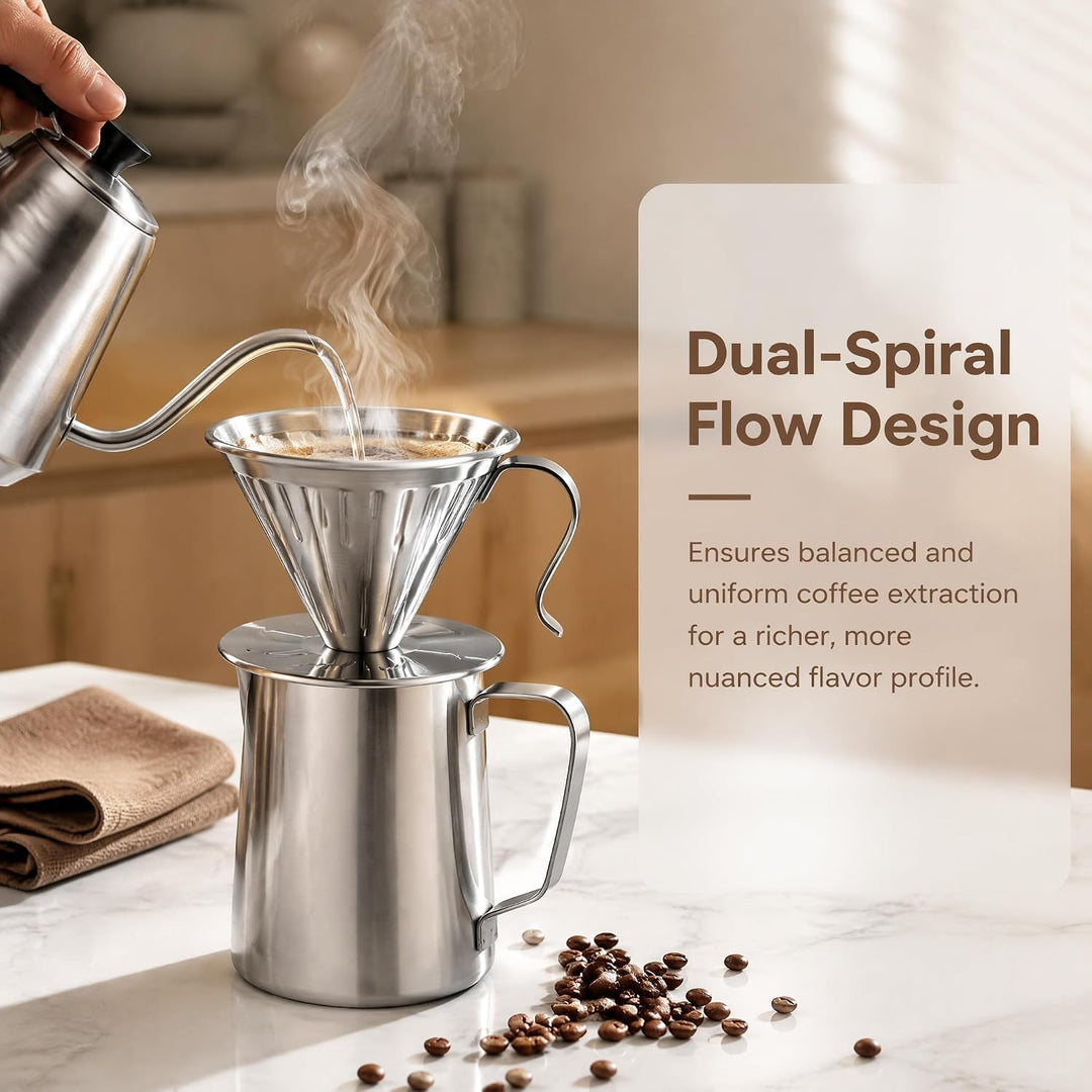 Pour Over Kaffeebereiter Set, Edelstahl, mit kaffeefilterhalter 100 Papierfilter und 600 ml Milchauf