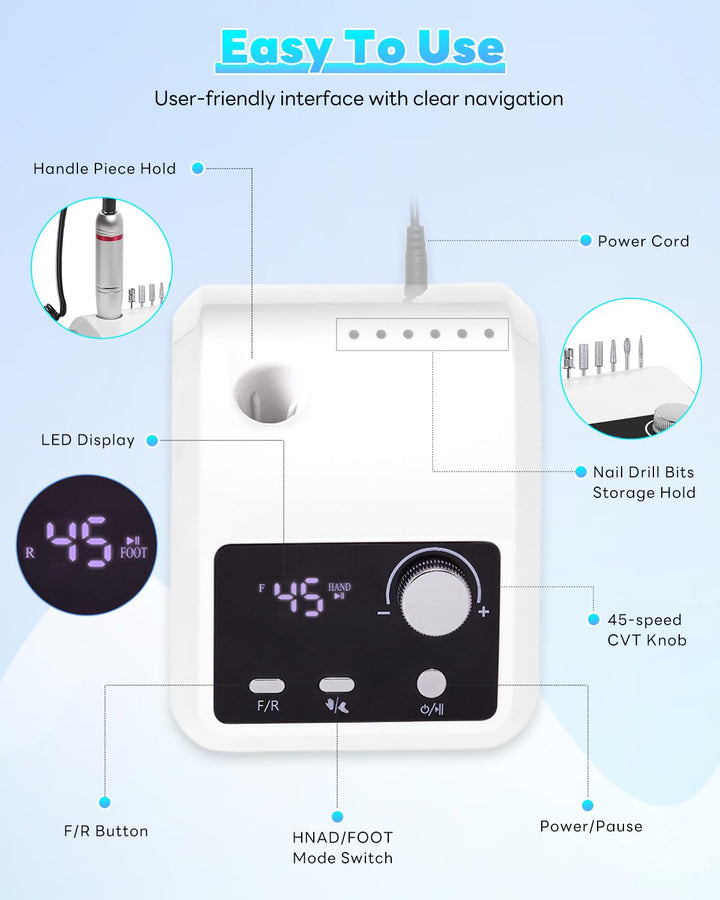 CozyZen Elektrische Nagelfräser Professional: 45000 U/min Nagelpflege-Kit mit LCD-Display（Weiss） Wei