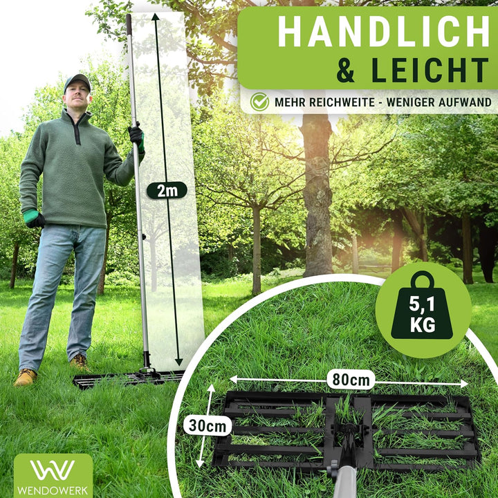 [80x30cm] Rasennevilierrechen Schwarz mit extra langem Stiel [2 Meter] Inkl. Gartenhandschuhe - Hand