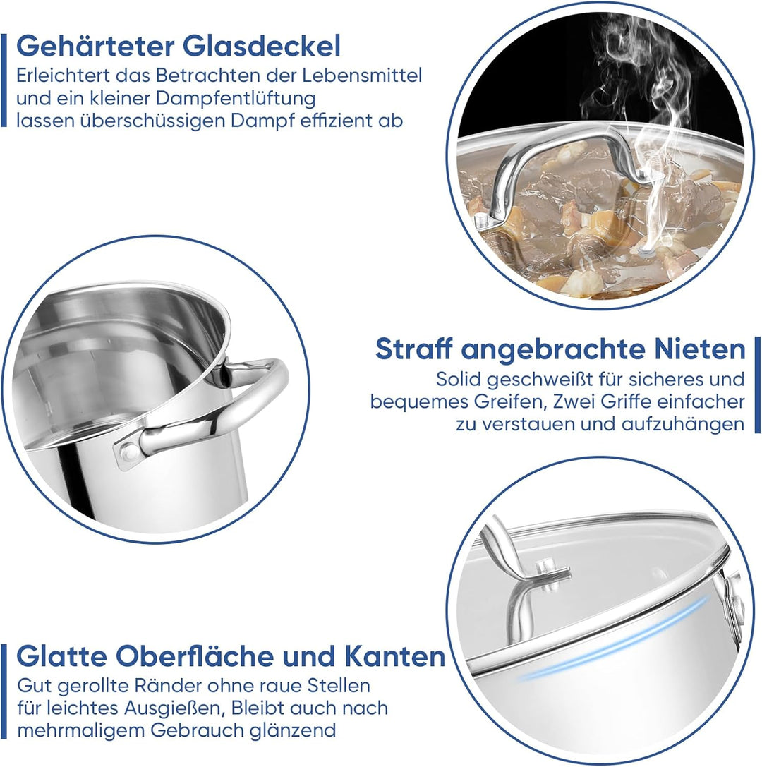 22cm Kochtopf, Onader 3-Lagiger Boden Edelstahl Topf Induktion mit Glasdeckel, 4,7L Nudeltopf Suppen