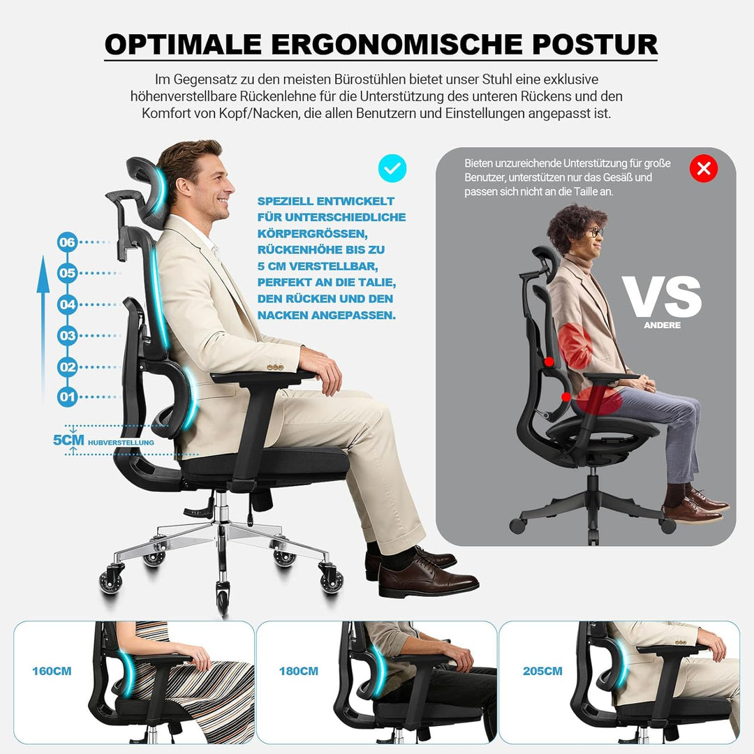 Bürostuhl Ergonomisch 200KG | 6P Verstellbare Rückenlehne | 4D-Armlehnen | Leises Gummirollen | Sitz