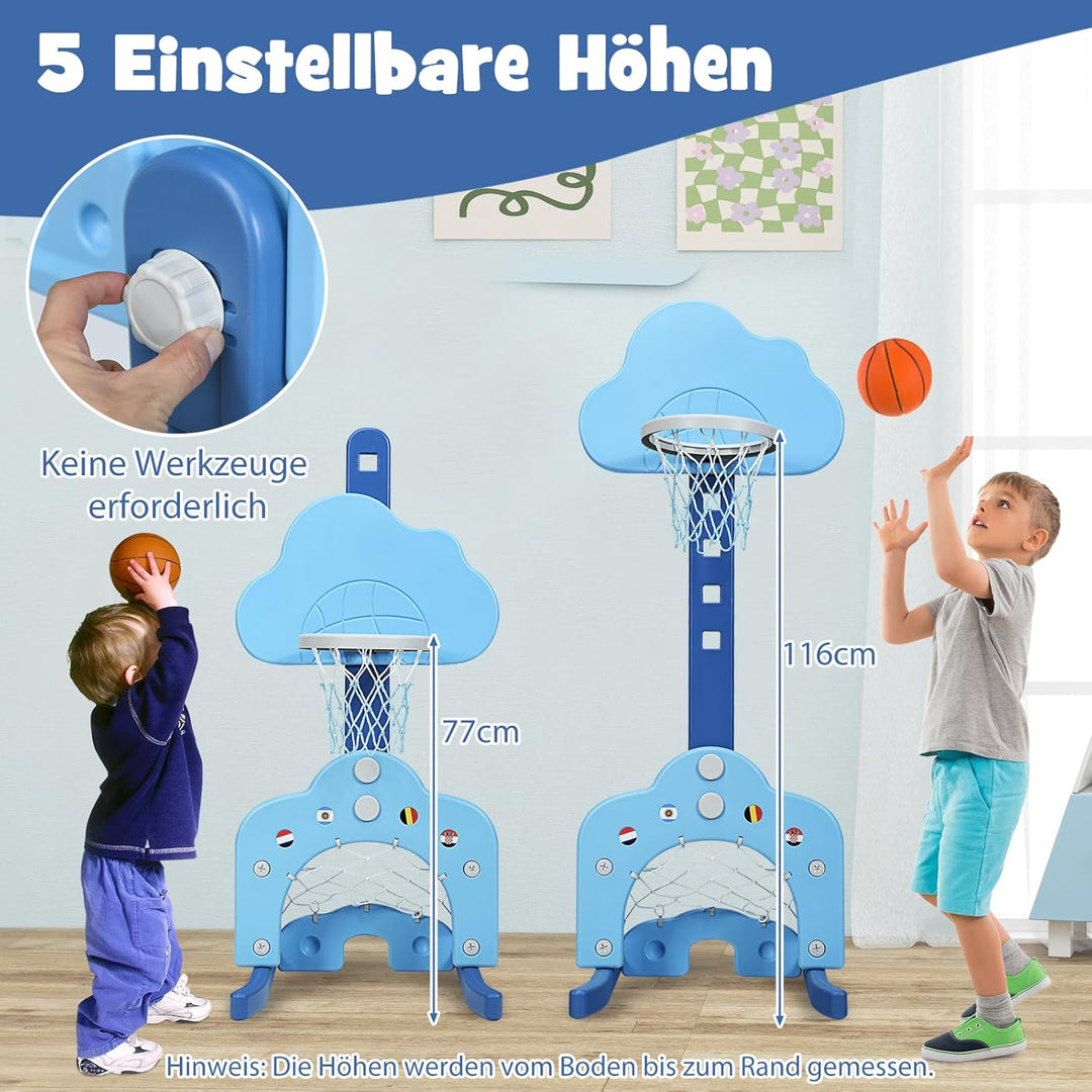 DREAMADE Mini Basketballkorb Kinder, 77-116 cm höhenverstellbarer Basketballständer mit Fussballkorb