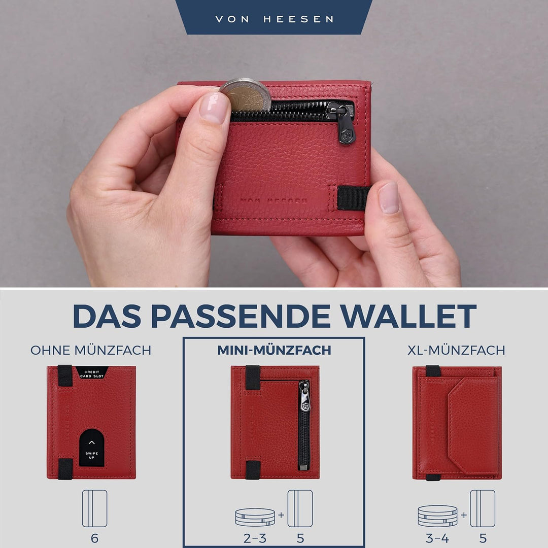 VON HEESEN Slim Wallet mit Münzfach & RFID-Schutz - Leder Geldbeutel - Mini Geldbörse für Herren und
