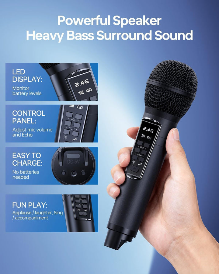 Bluetooth-Karaoke-Maschine für Erwachsene und Kinder, Tragbarer 80-W-Lautsprecher mit 2 Kabellosen M