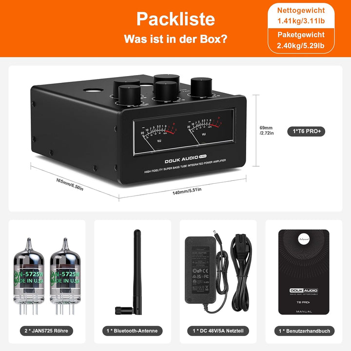 Douk Audio T6 PRO Bluetooth Röhrenverstärker: 300W x2 TPA3255 2-Kanal Stereo Verstärker – Dual-VU-Me