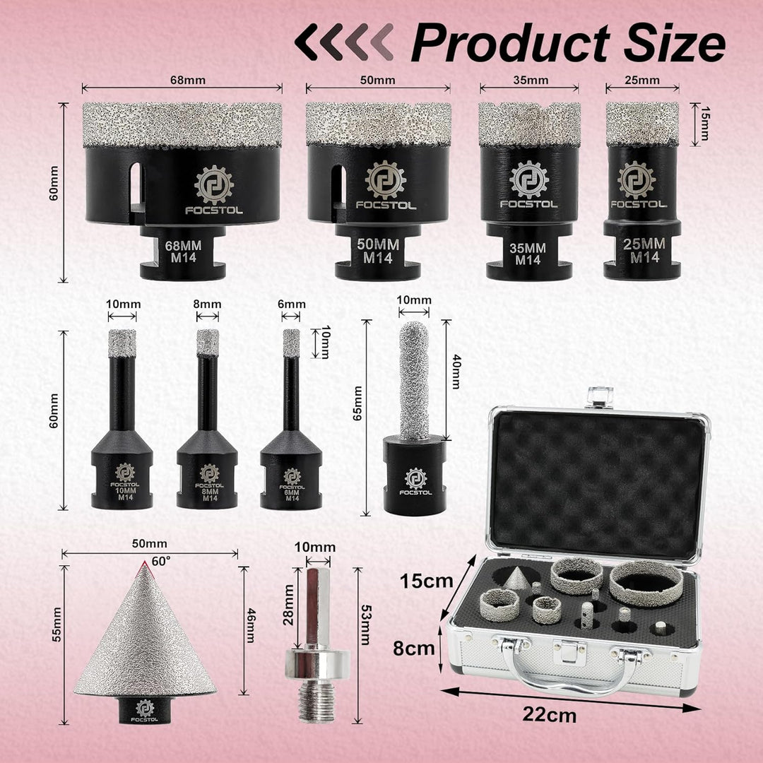 FOCSTOL Diamant Fliesenbohrer Set - 6/8/10/25/35/50/68mm+10mm Fingerfräser+50mm Fasenbohrer+Sechskan