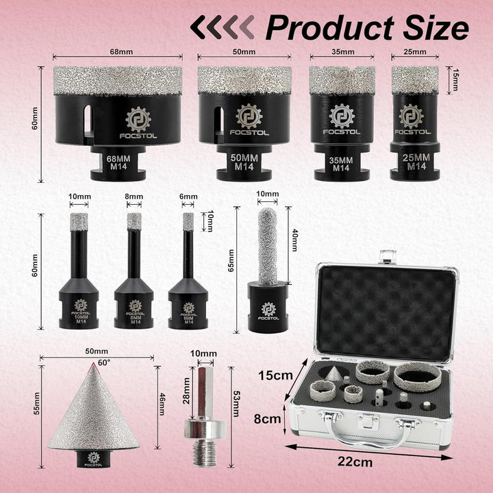 FOCSTOL Diamant Fliesenbohrer Set - 6/8/10/25/35/50/68mm+10mm Fingerfräser+50mm Fasenbohrer+Sechskan