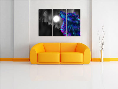 Dark Magischer Wolf Abstrakt schwarz/weiss 3-Teiler Leinwandbild 120x80 Bild auf Leinwand, XXL riesi