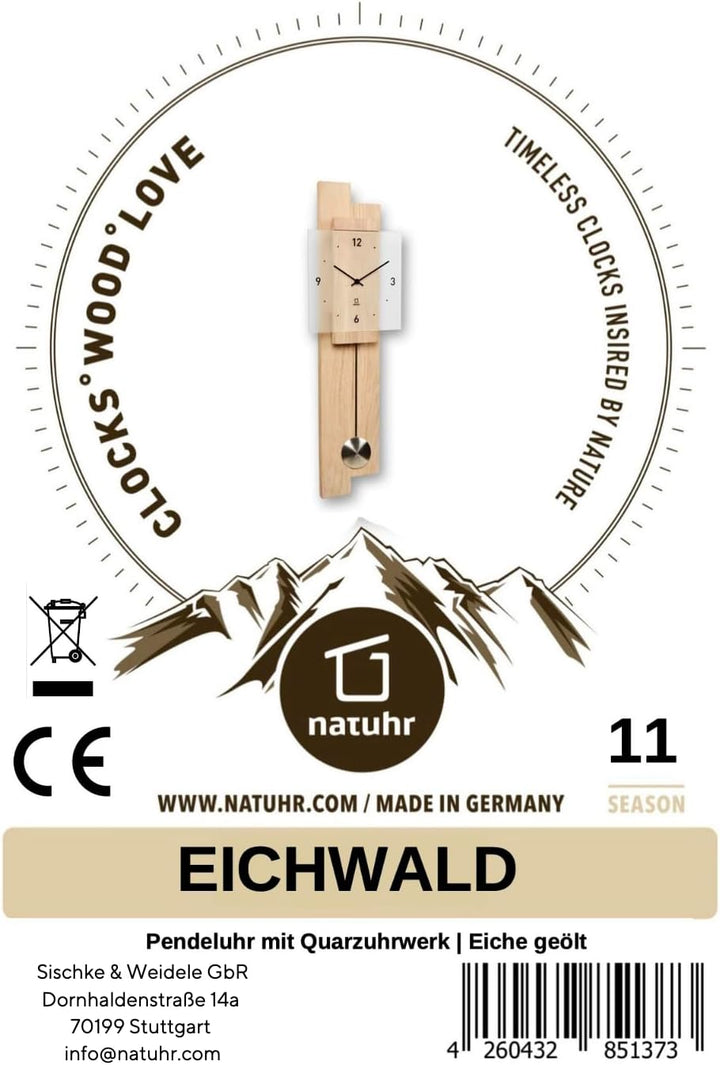 Natuhr Pendeluhr Holz Eichwald geräuscharm Massivholz Eiche Mineralglas U.T.S. Uhrwerk Made in Germa