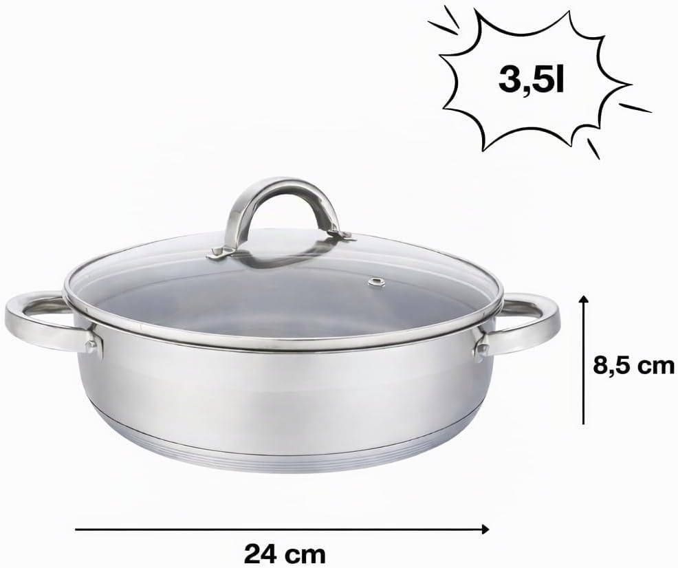 Flach Topf mit Deckel in vielen Grössen Kochtopf Töpfe Induktion Edelstahl (3,5L/∅24cm), 3,5L/&amp;